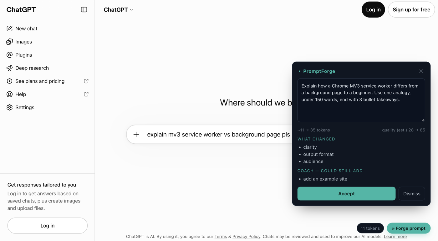 PromptForge rewriting a request in ChatGPT, with explanations and coaching. Sample output from a test model.